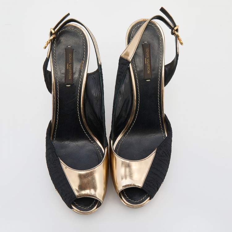 Pre Owned Louis Vuitton Black/Gold Leather And Fabric Ankle Strap Platform Sandals Size 37.5