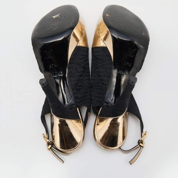 Pre Owned Louis Vuitton Black/Gold Leather And Fabric Ankle Strap Platform Sandals Size 37.5