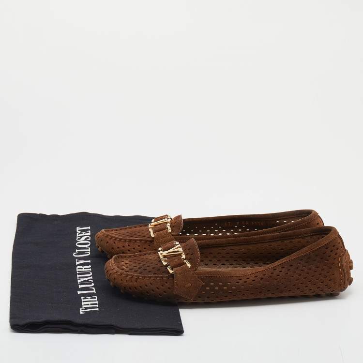 Pre Owned Louis Vuitton Brown Perforated Suede Slip On Loafers Size 37