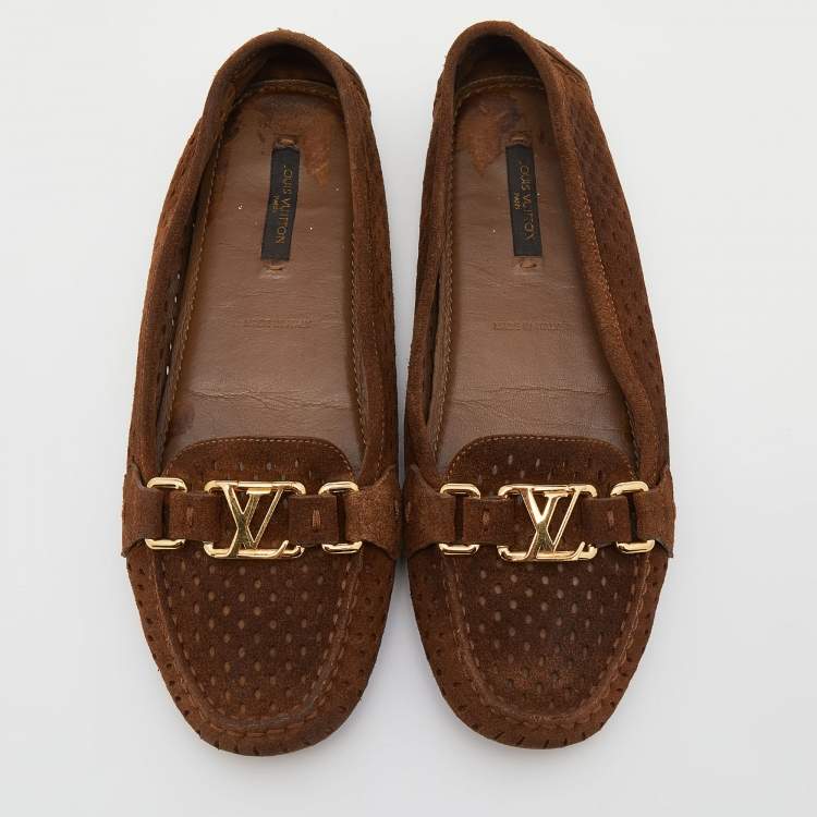 Pre Owned Louis Vuitton Brown Perforated Suede Slip On Loafers Size 37
