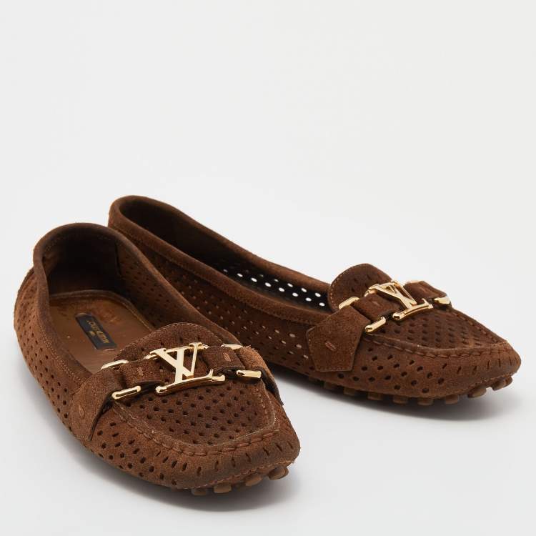 Pre Owned Louis Vuitton Brown Perforated Suede Slip On Loafers Size 37