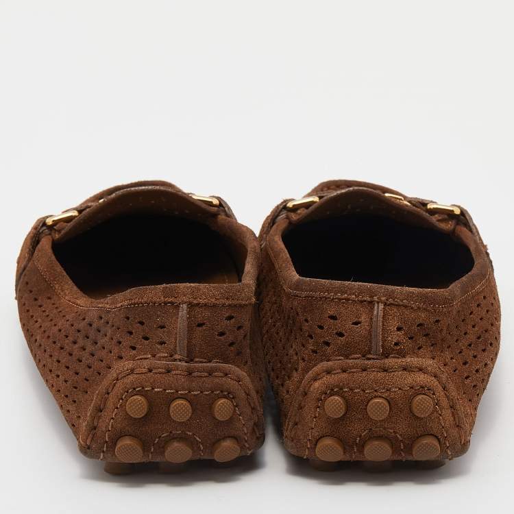 Pre Owned Louis Vuitton Brown Perforated Suede Slip On Loafers Size 37