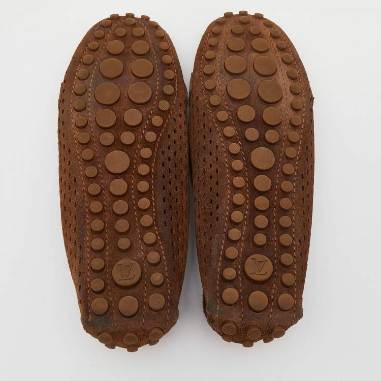 Pre Owned Louis Vuitton Brown Perforated Suede Slip On Loafers Size 37