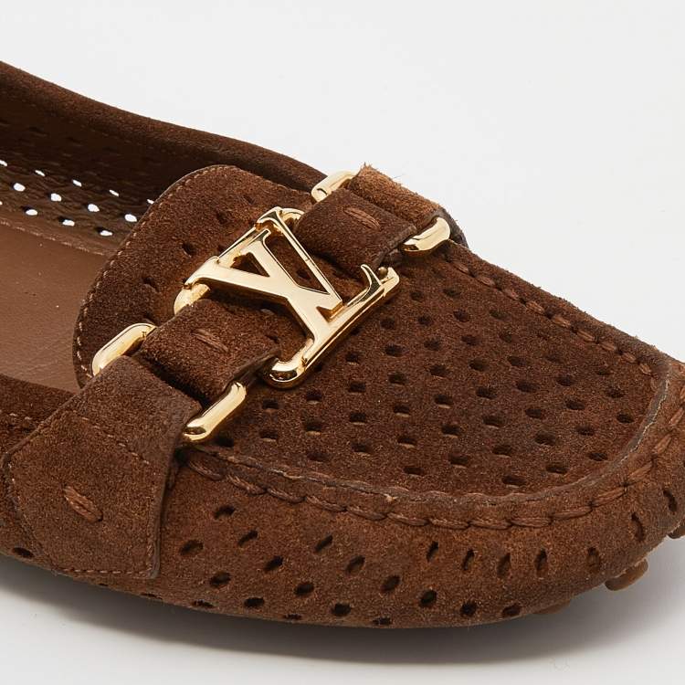 Pre Owned Louis Vuitton Brown Perforated Suede Slip On Loafers Size 37