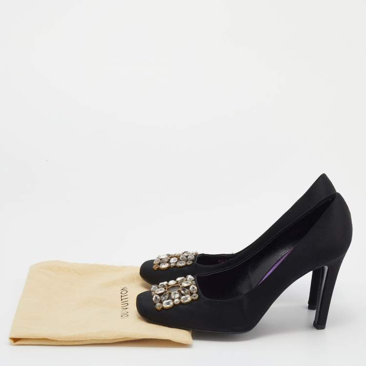 Pre Owned Louis Vuitton Black Satin Crystal Embellished Square Toe Pumps Size 39.5