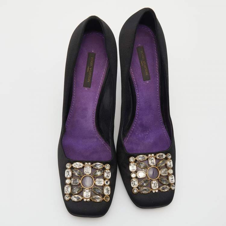 Pre Owned Louis Vuitton Black Satin Crystal Embellished Square Toe Pumps Size 39.5