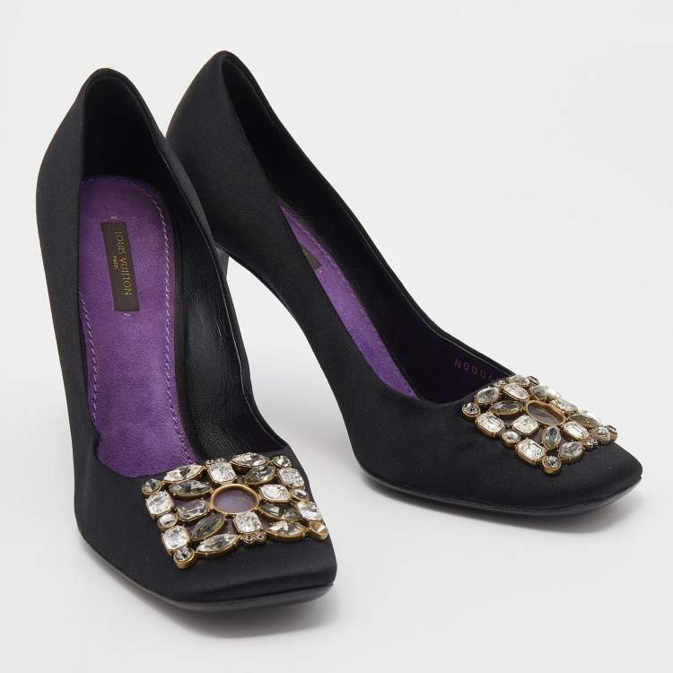 Pre Owned Louis Vuitton Black Satin Crystal Embellished Square Toe Pumps Size 39.5