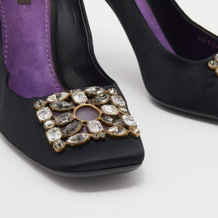 Pre Owned Louis Vuitton Black Satin Crystal Embellished Square Toe Pumps Size 39.5