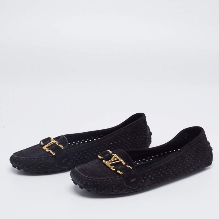 Pre Owned Louis Vuitton Black Perforated Suede Oxford Loafers Size 37.5
