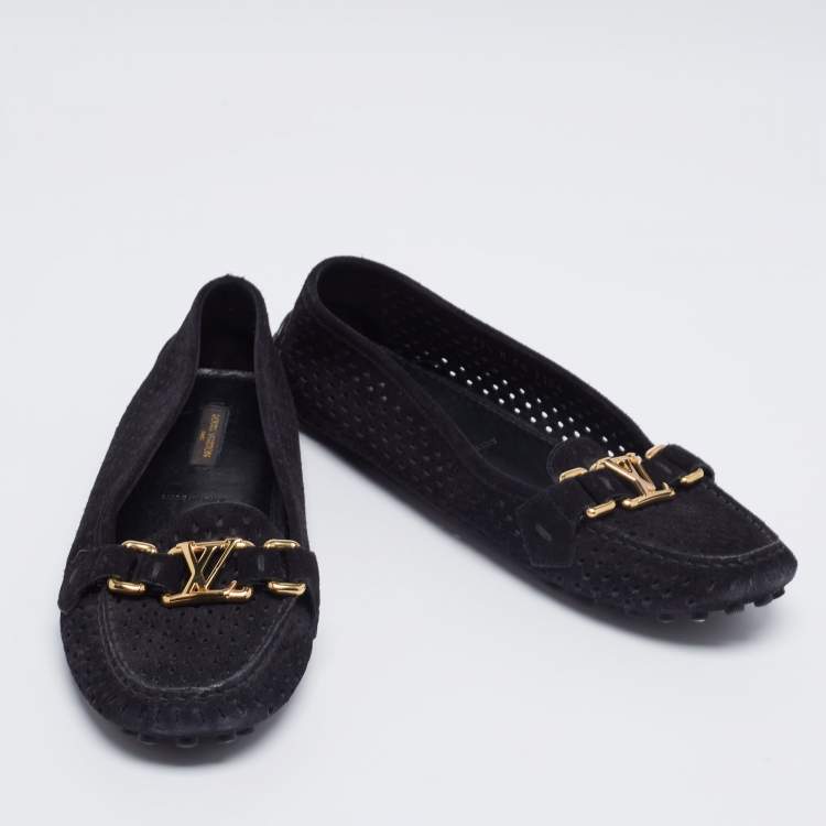 Pre Owned Louis Vuitton Black Perforated Suede Oxford Loafers Size 37.5