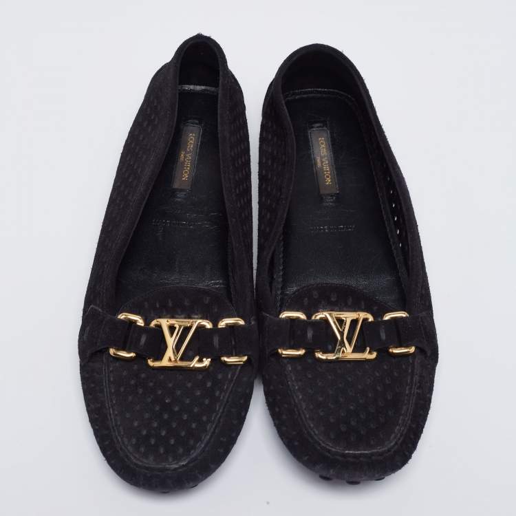 Pre Owned Louis Vuitton Black Perforated Suede Oxford Loafers Size 37.5