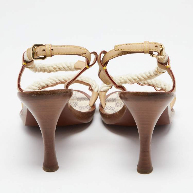 Pre Owned Louis Vuitton White Rope and Leather Cord Sandals Size 38.5