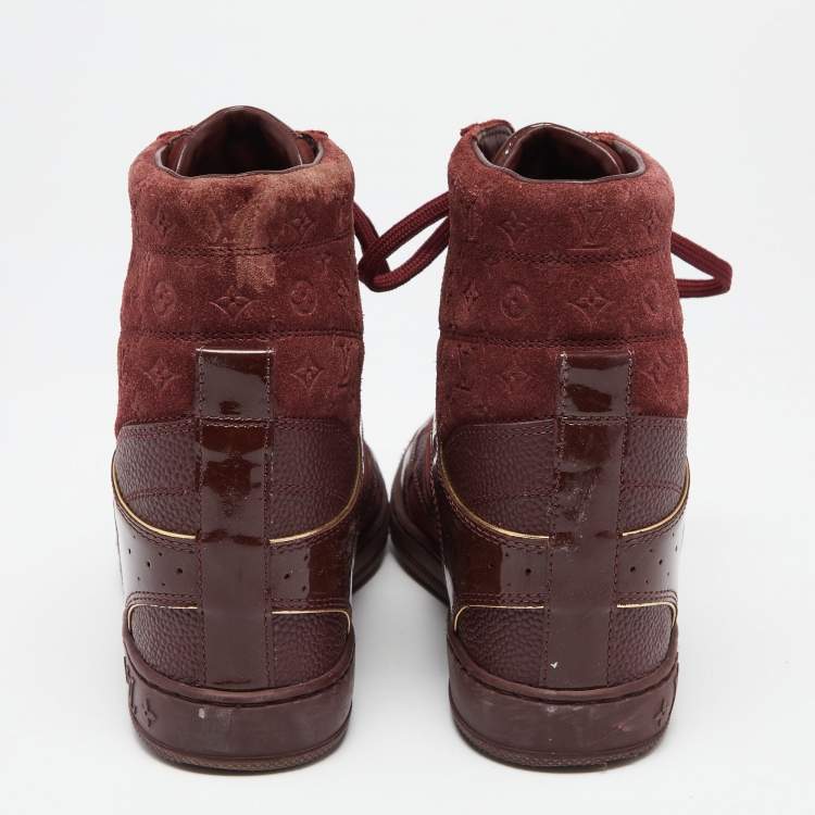 Pre Owned Louis Vuitton Burgundy Leather And Monogram Suede Millenium Sneakers Size 36.5