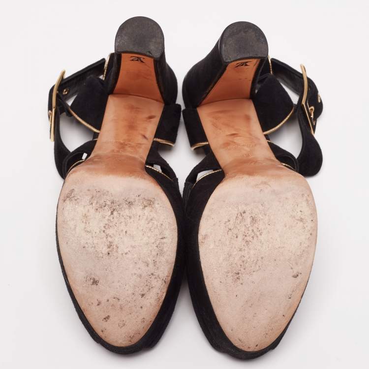 Pre Owned Louis Vuitton Black Suede Mowani Platform Ankle-Strap Sandals Size 38