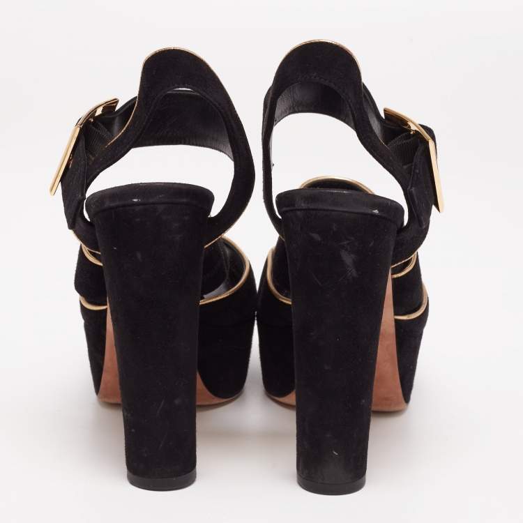 Pre Owned Louis Vuitton Black Suede Mowani Platform Ankle-Strap Sandals Size 38