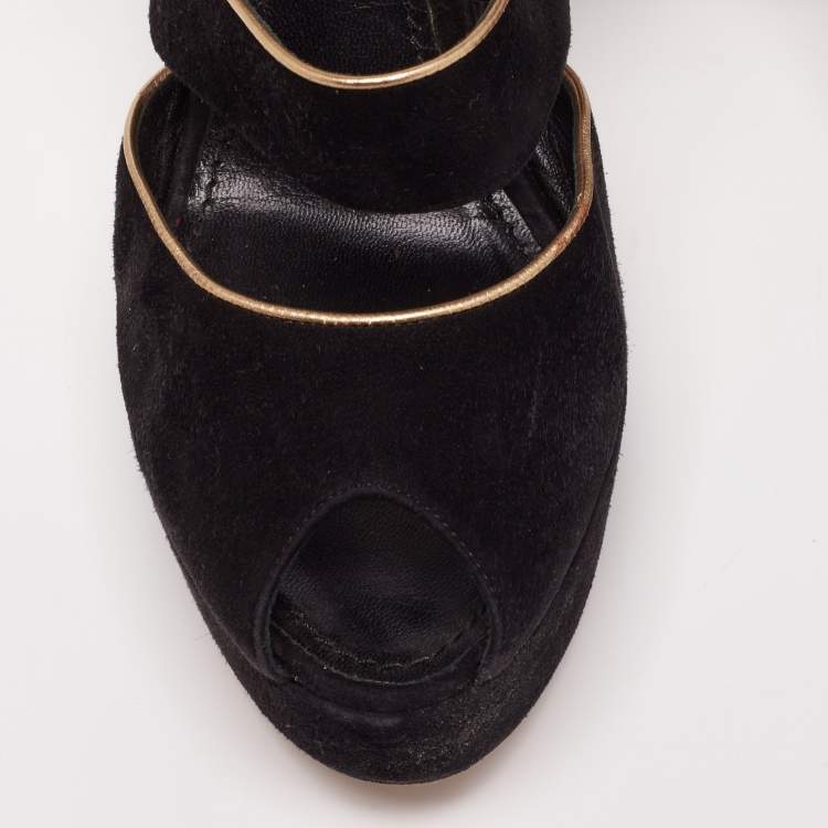 Pre Owned Louis Vuitton Black Suede Mowani Platform Ankle-Strap Sandals Size 38
