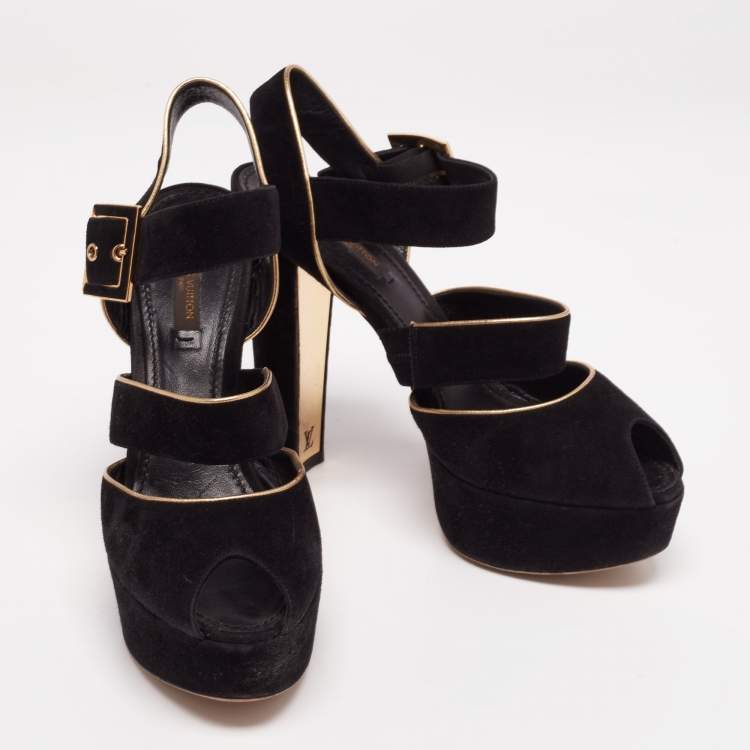 Pre Owned Louis Vuitton Black Suede Mowani Platform Ankle-Strap Sandals Size 38