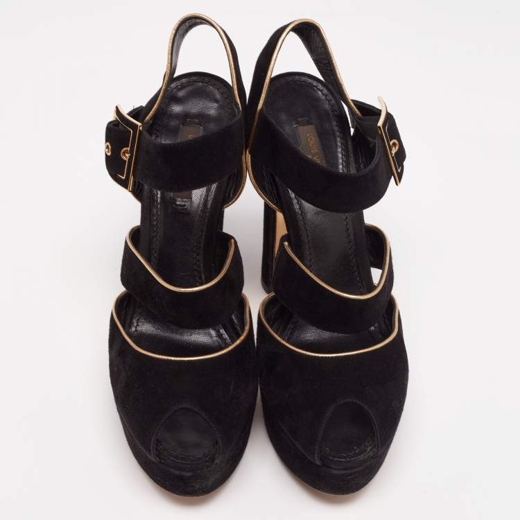 Pre Owned Louis Vuitton Black Suede Mowani Platform Ankle-Strap Sandals Size 38