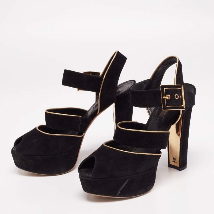 Louis Vuitton Black Suede Platform Ankle Strap Sandals