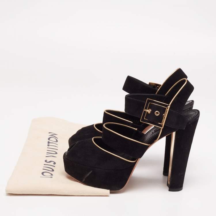 Pre Owned Louis Vuitton Black Suede Mowani Platform Ankle-Strap Sandals Size 38