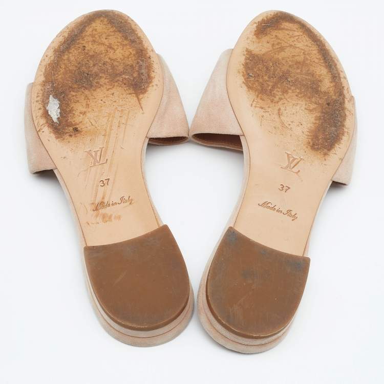Pre Owned Louis Vuitton Blush Pink Suede Crystal Madeleine Flat Mules Size 37