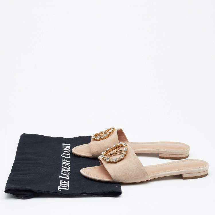Pre Owned Louis Vuitton Blush Pink Suede Crystal Madeleine Flat Mules Size 37