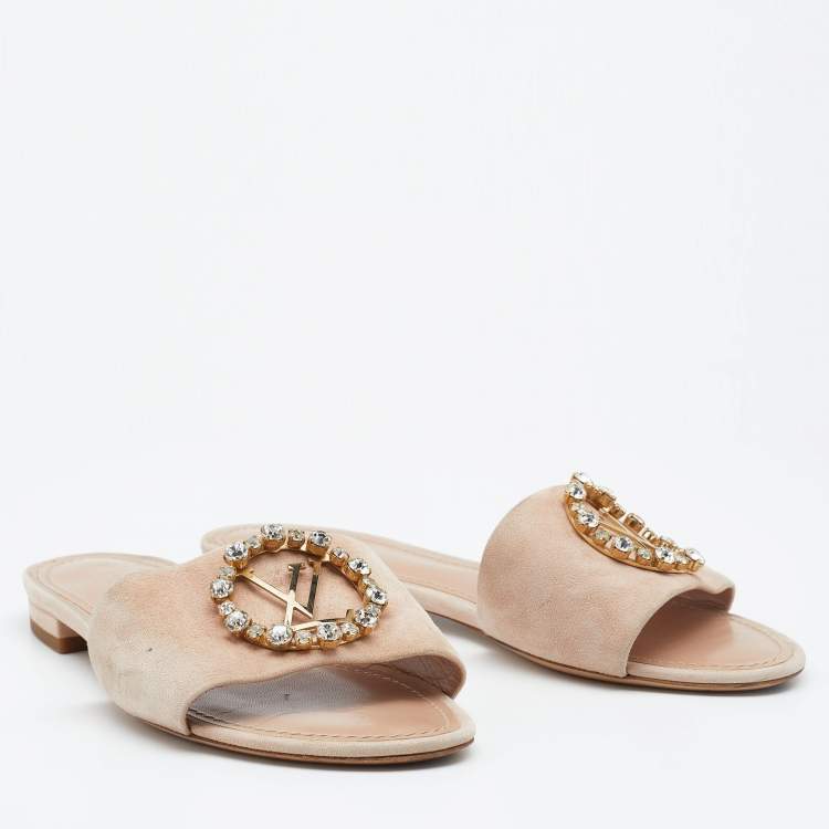 Pre Owned Louis Vuitton Blush Pink Suede Crystal Madeleine Flat Mules Size 37
