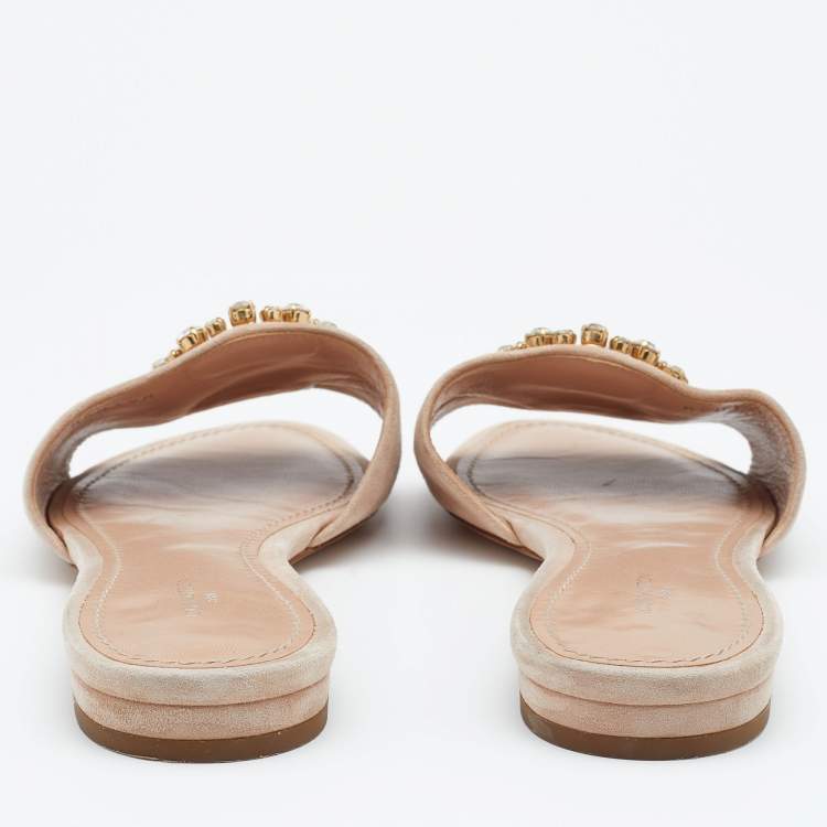 Pre Owned Louis Vuitton Blush Pink Suede Crystal Madeleine Flat Mules Size 37