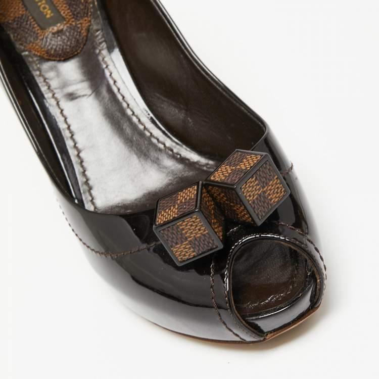 Pre Owned Louis Vuitton Dark Burgundy Patent Leather Dice Peep-Toe Pumps Size 36