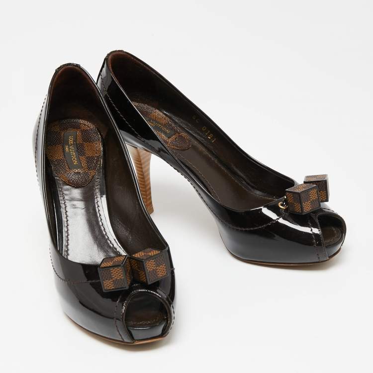 Pre Owned Louis Vuitton Dark Burgundy Patent Leather Dice Peep-Toe Pumps Size 36