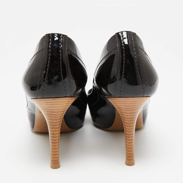 Pre Owned Louis Vuitton Dark Burgundy Patent Leather Dice Peep-Toe Pumps Size 36