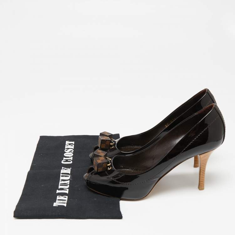 Pre Owned Louis Vuitton Dark Burgundy Patent Leather Dice Peep-Toe Pumps Size 36