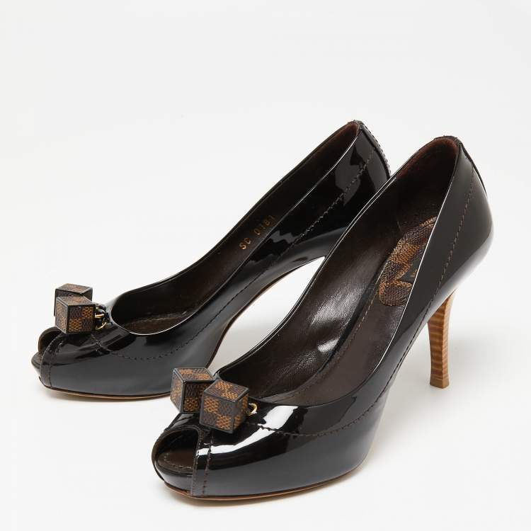 Pre Owned Louis Vuitton Dark Burgundy Patent Leather Dice Peep-Toe Pumps Size 36