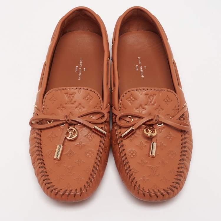 Pre Owned Louis Vuitton Brown Monogram Leather Gloria Loafers Size 36 