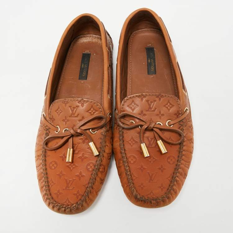 Pre Owned Louis Vuitton Brown Monogram Empreinte Leather Gloria Loafers Size 37
