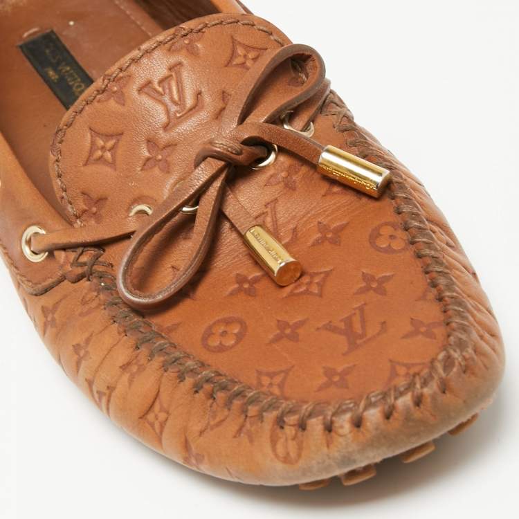 Pre Owned Louis Vuitton Brown Monogram Empreinte Leather Gloria Loafers Size 37