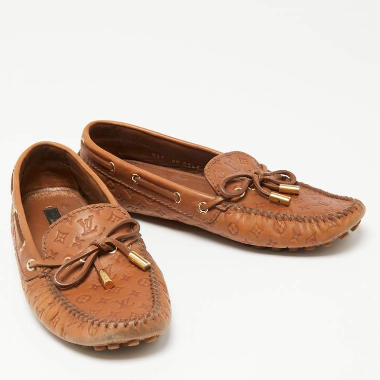Pre Owned Louis Vuitton Brown Monogram Empreinte Leather Gloria Loafers Size 37