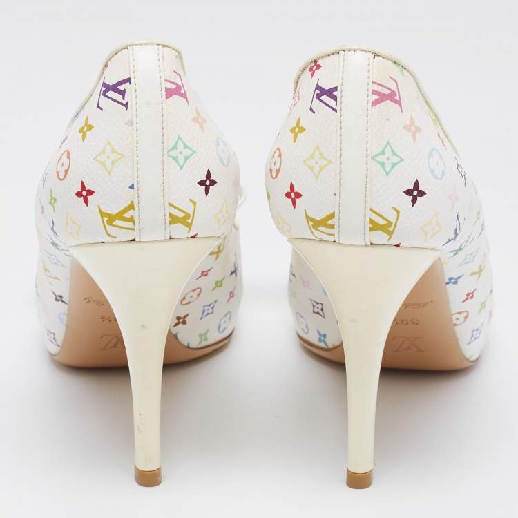 Pre Owned Louis Vuitton White/Multicolor Monogram Canvas and Patent Leather Bow Peep-Toe Pumps Size 39.5