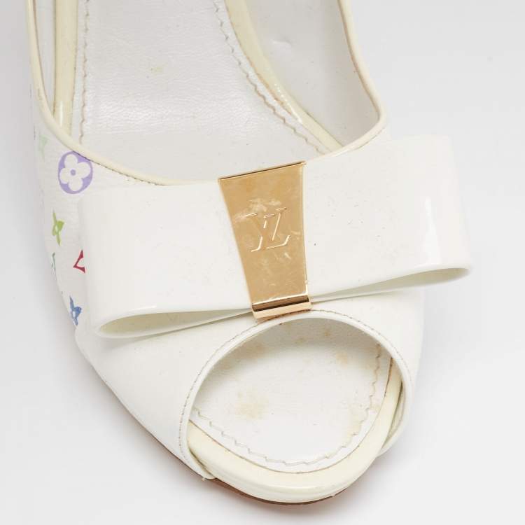 Pre Owned Louis Vuitton White/Multicolor Monogram Canvas and Patent Leather Bow Peep-Toe Pumps Size 39.5