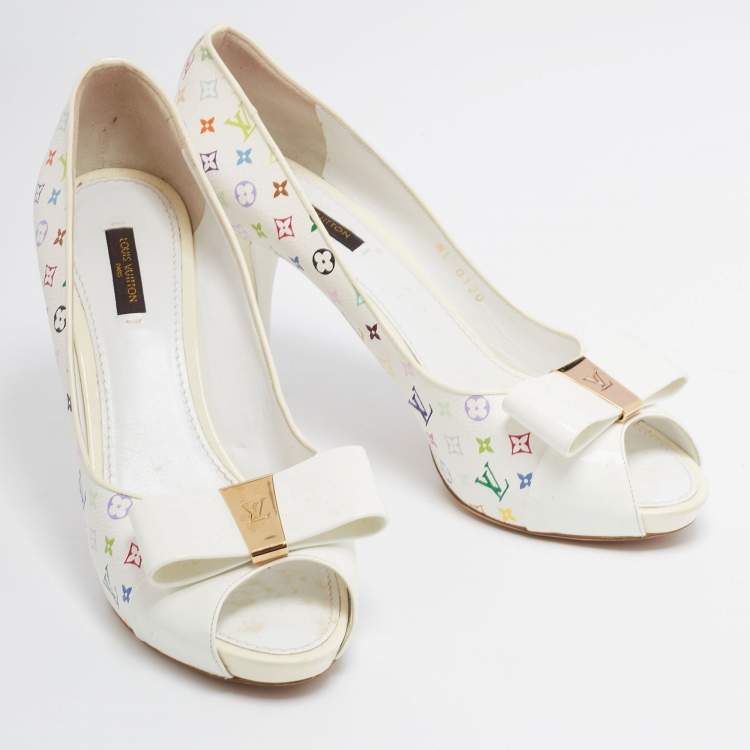 Pre Owned Louis Vuitton White/Multicolor Monogram Canvas and Patent Leather Bow Peep-Toe Pumps Size 39.5