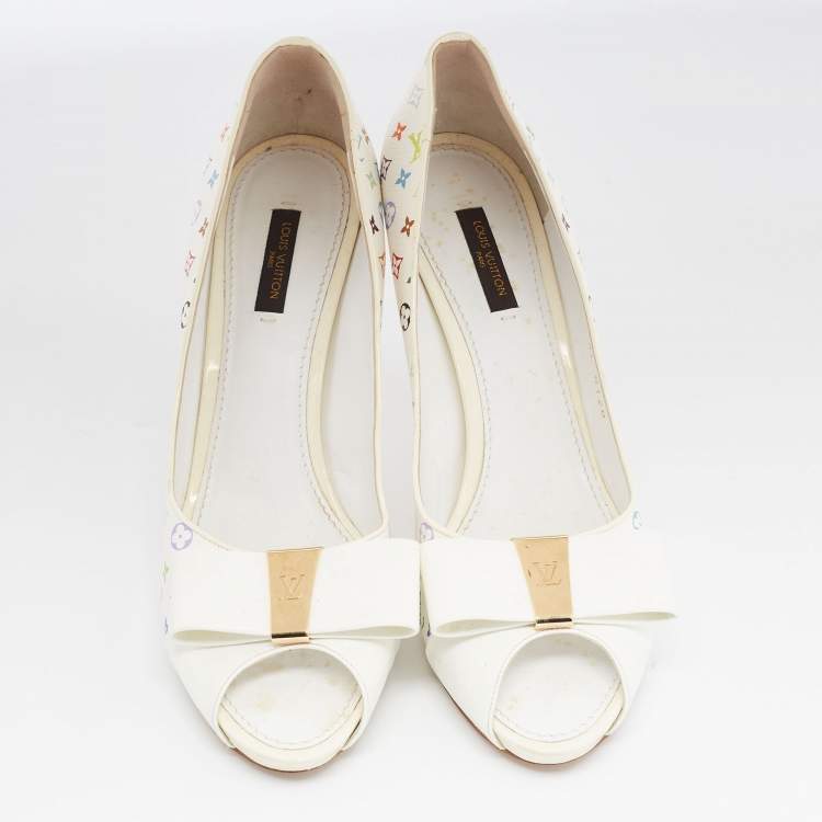 Pre Owned Louis Vuitton White/Multicolor Monogram Canvas and Patent Leather Bow Peep-Toe Pumps Size 39.5