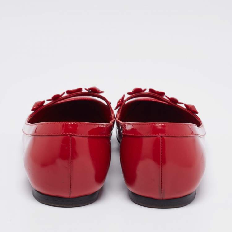 Pre Owned Louis Vuitton Red Patent and Leather Floral Ballet Flats Size 37.5