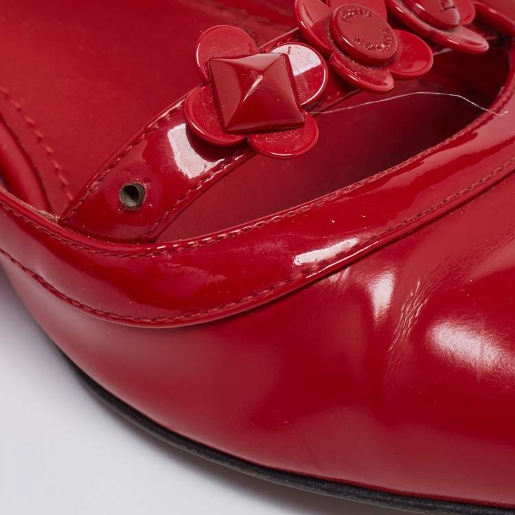 Pre Owned Louis Vuitton Red Patent and Leather Floral Ballet Flats Size 37.5