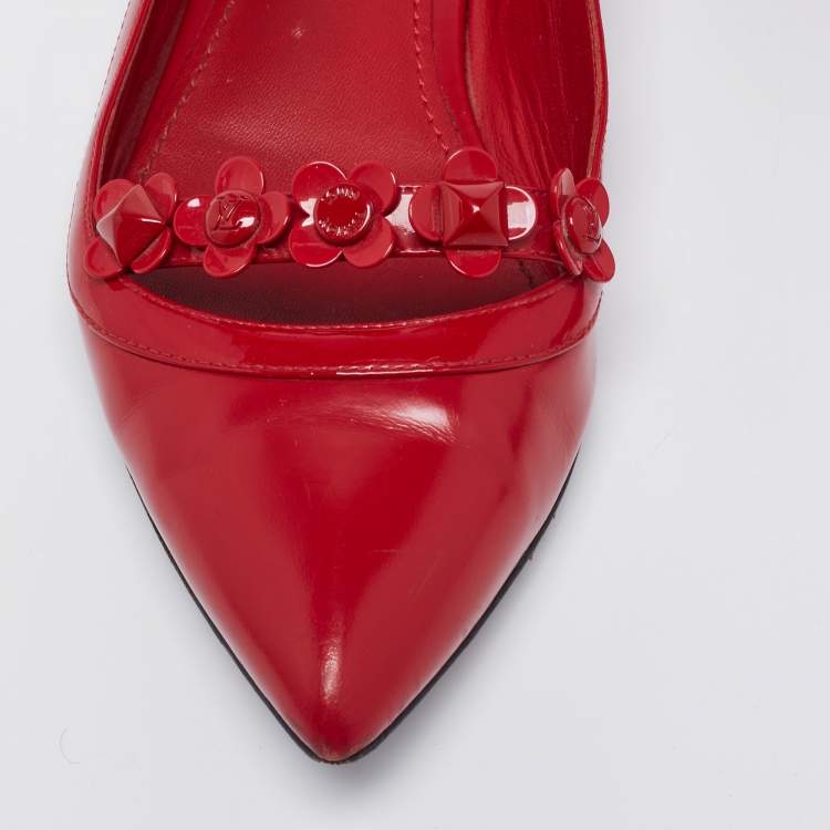 Pre Owned Louis Vuitton Red Patent and Leather Floral Ballet Flats Size 37.5