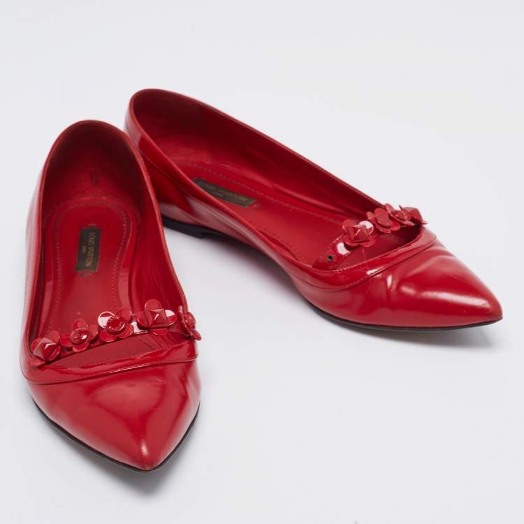 Pre Owned Louis Vuitton Red Patent and Leather Floral Ballet Flats Size 37.5