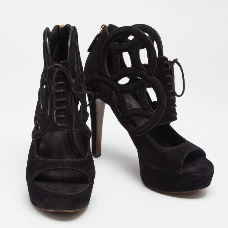 Pre Owned Louis Vuitton Black Suede Cutout Monogram Lace Up Platform Sandals Size 37.5