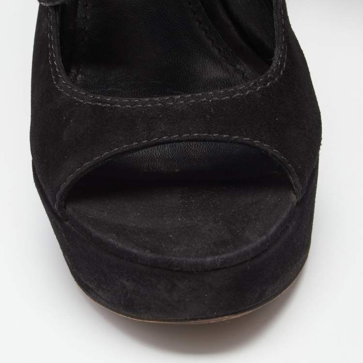 Pre Owned Louis Vuitton Black Suede Cutout Monogram Lace Up Platform Sandals Size 37.5