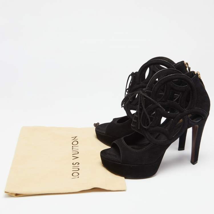 Pre Owned Louis Vuitton Black Suede Cutout Monogram Lace Up Platform Sandals Size 37.5