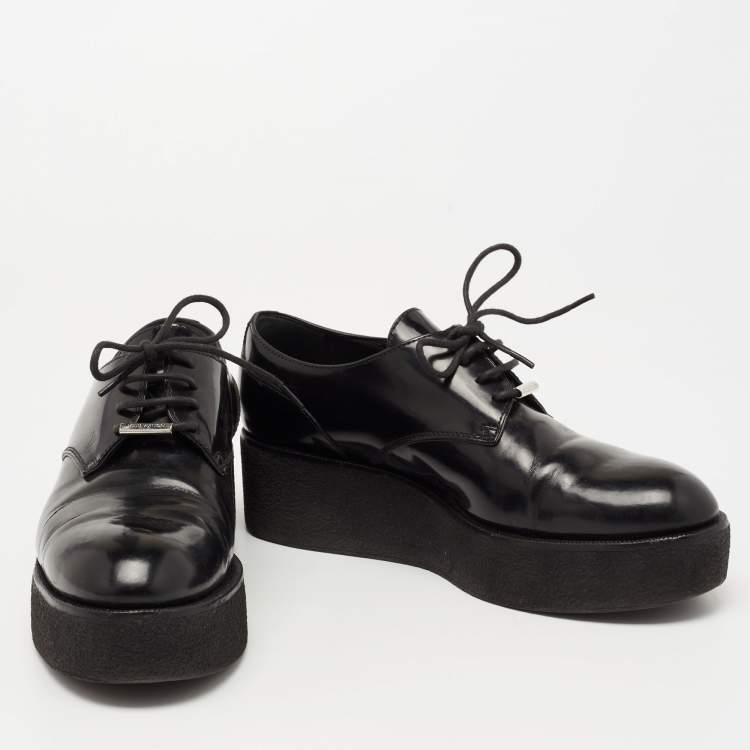 Pre Owned Louis Vuitton Black Leather Lace Up Platform Oxfords Size 37.5