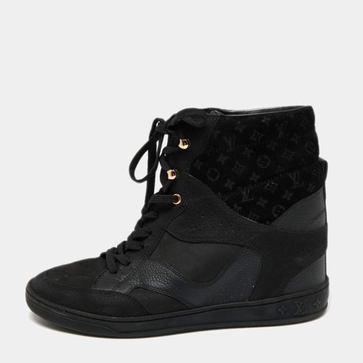 Louis Vuitton, Shoes, Louis Vuitton Black Leather And Embossed Monogram  Suede Millenium Wedge Sneakers